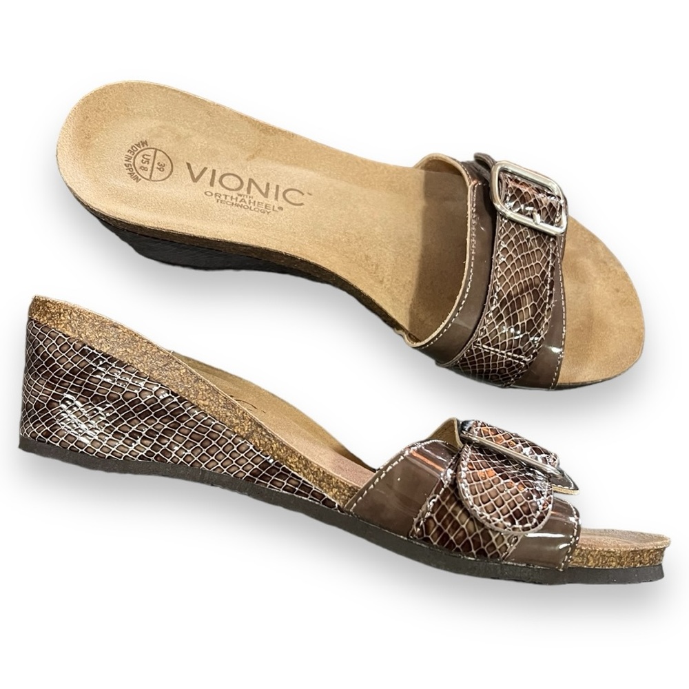 VIONIC Ariana Wedge Buckle Sandal Cork Footbed Snakeskin Embossed Leather Size 8